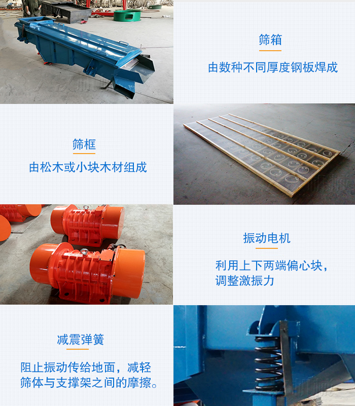 小型直線篩篩箱，篩框，振動電機，彈簧等部件圖片展示
